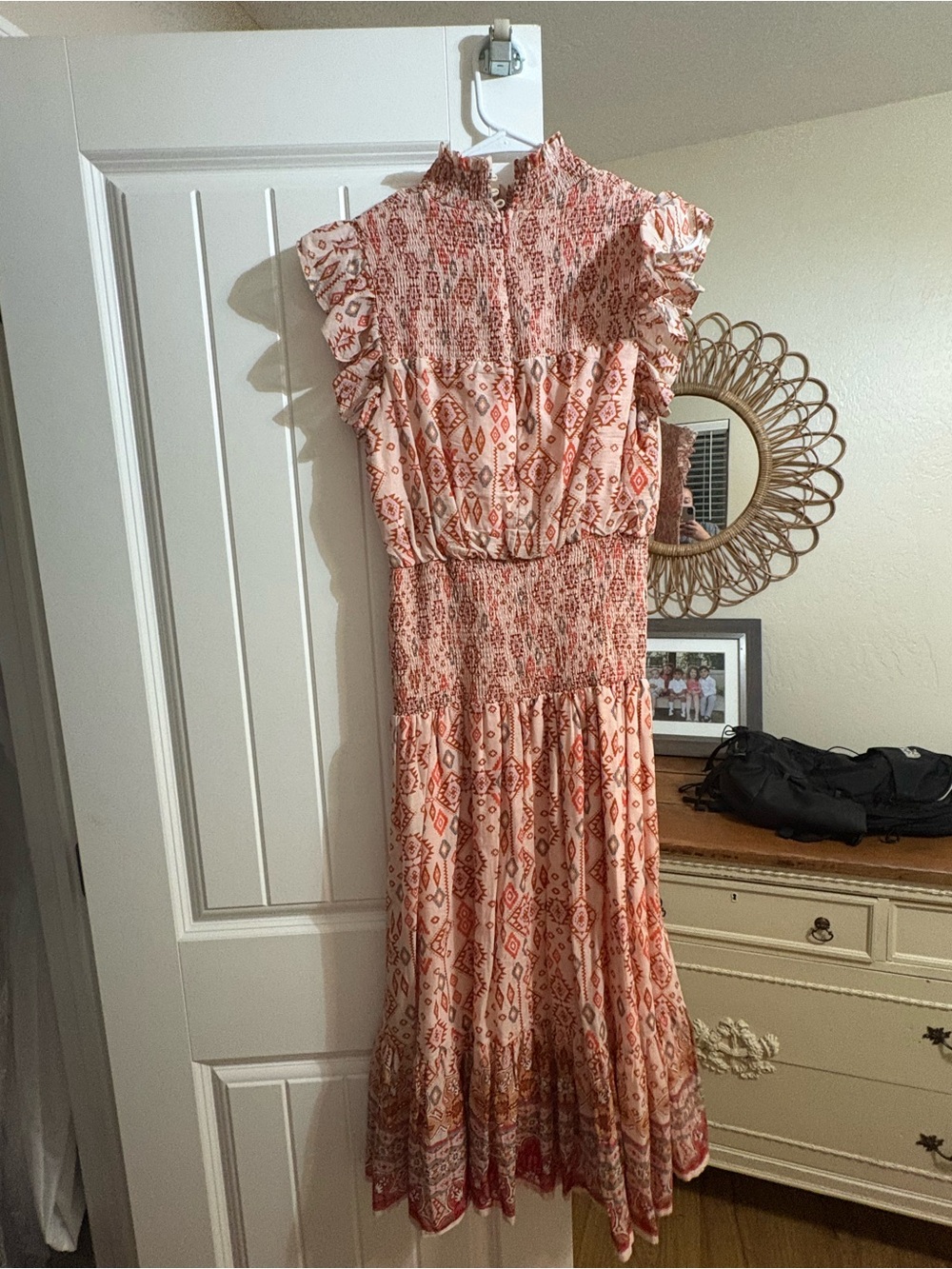 Aqua Peach and Coral Printed Smocked Midi Dress - Picture 2 of 4